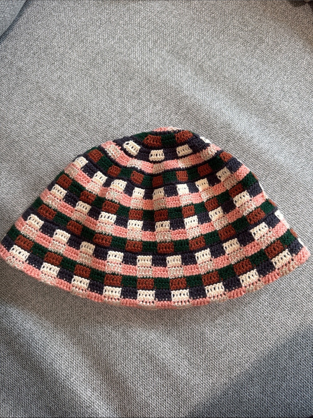 Aime Leon Dore Crocheted Checkered Bucket Hat in Pink, Green, Brown & Navy